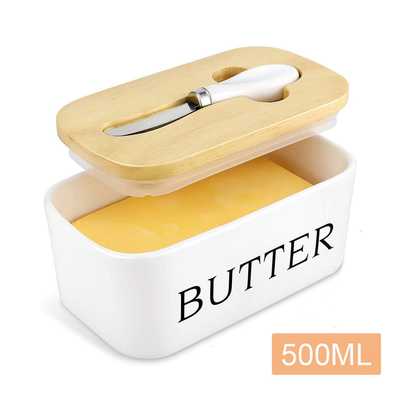 Nordic Style Butter Box Sealing with Wood Lid Knife FoodDish Ceramic Keeper Tool Cheese Storage Tray Plate Container for Kitchen