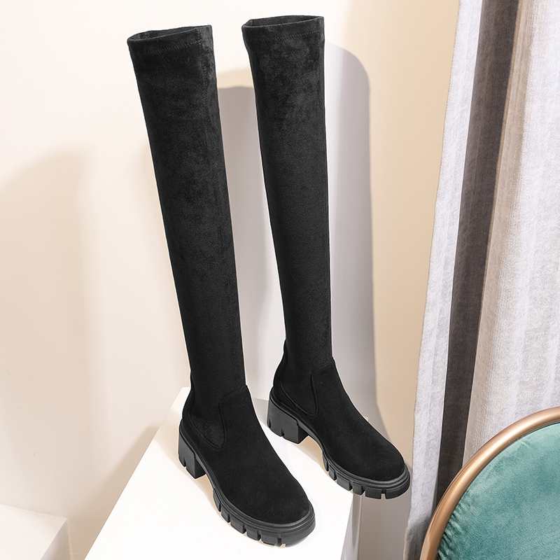 Krazing Pot Big Size Rindsleder Stretch Overknee Stiefel Plattform Runde Zehe High Heels Winter Damen Warme Oberschenkel Hohe Stiefel