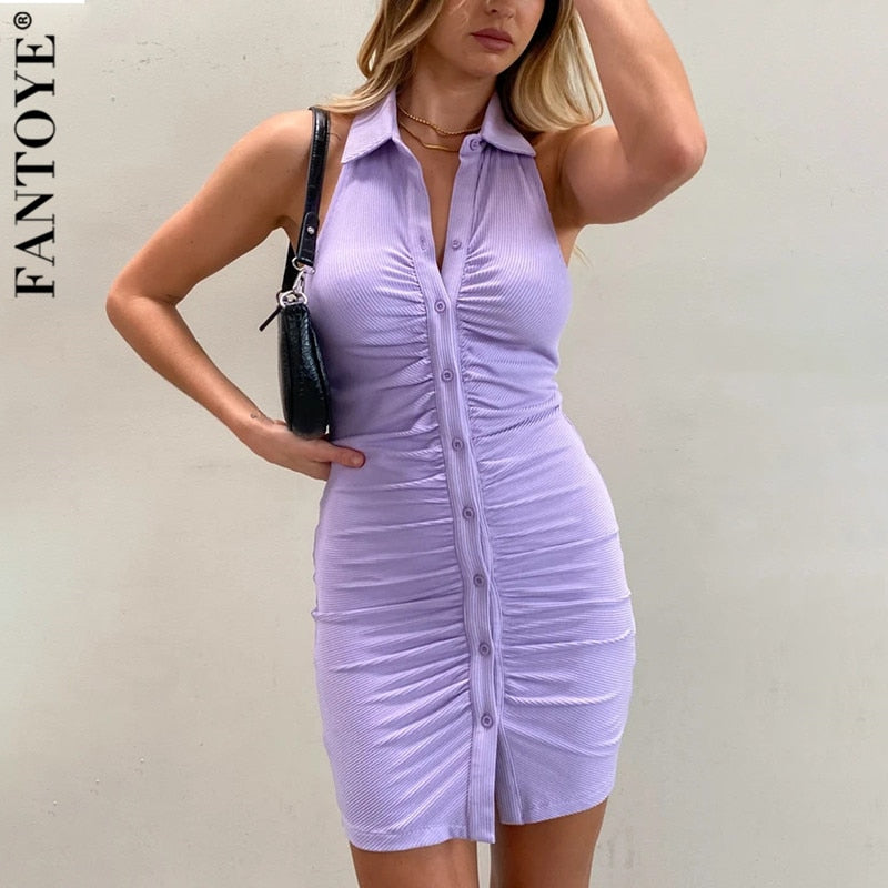 Fantoye Schwarzes rückenfreies Neckholder-Minikleid mit Rüschen Damen 2021 Elegantes ärmelloses Damenkleid Skinny Spring Single Breasted Vestido