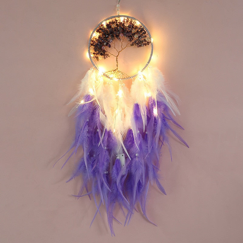 Handmade Weave Dream Catcher With Light Natural Feather Tree of life Dreamcatcher Decor Hanging Pendant Girl Gifts Room Decor