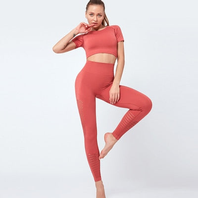 Conjunto de Yoga sin costuras para mujer, ropa de Fitness, conjunto de gimnasio de 2 piezas, Top corto, Leggings, conjunto deportivo para mujer, ropa de entrenamiento