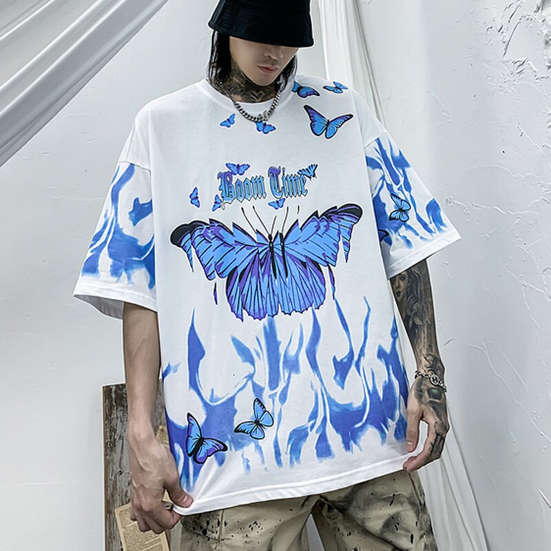 Camiseta de manga corta con estampado de mariposa y llama, camiseta de Hip Hop para hombre, novedad de verano 2020, camiseta holgada de algodón de gran tamaño, diseño de tendencia, triangulación de envíos
