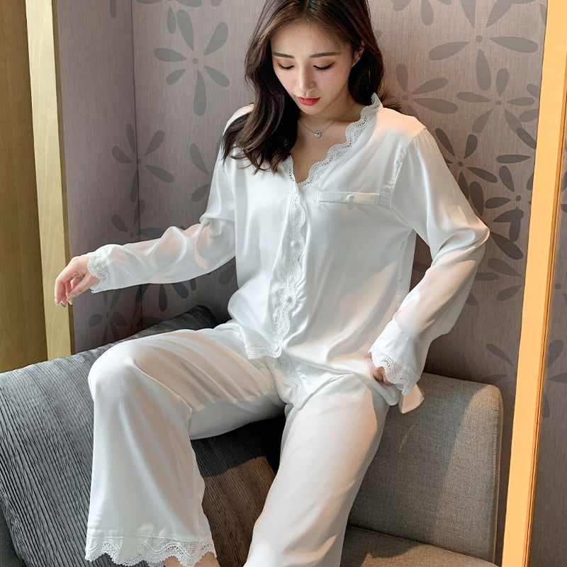 Conjunto de pijamas de seda blanca para mujer, camisones de manga larga de otoño, conjunto de ropa de dormir estilo palacio, hermoso traje de noche negro para el hogar