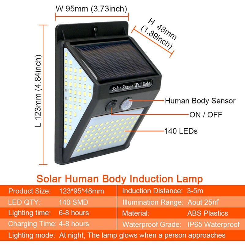 Sensor de movimiento PIR de 140LED de 3 lados, control de luz solar, lámpara de calle de energía Solar, patio, camino, hogar, jardín, luz de pared de inducción de energía Solar
