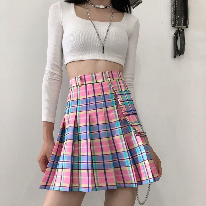 Harajuku Cute Skirts Women Kawaii Plaid Elastic High Waist A-line Pleated Mini Skirts Rainbow Korean Japanese School Uniform