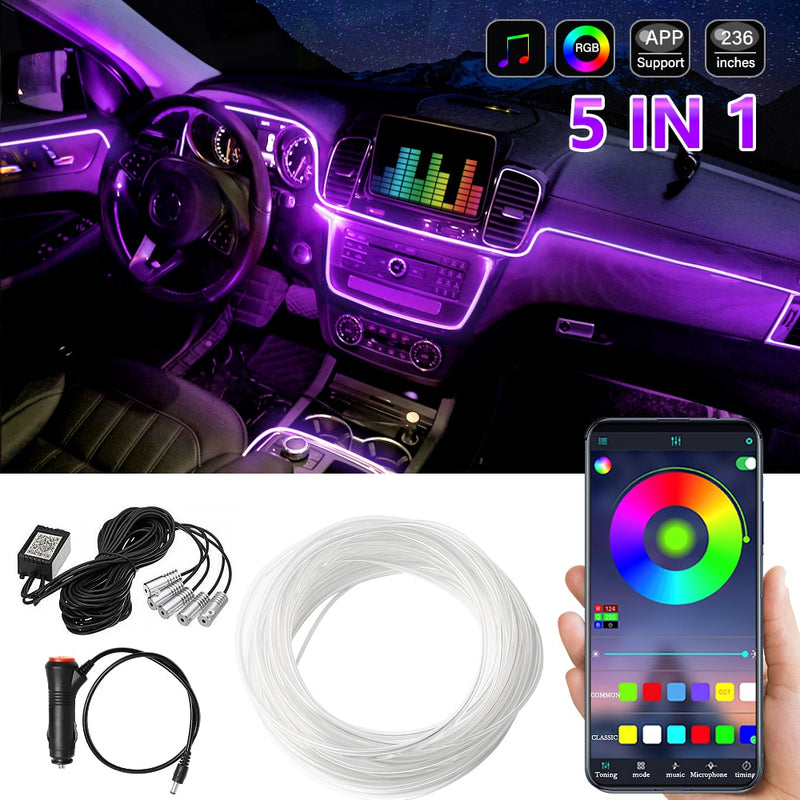 Car Atmosphere Light Ambient Interior Decoration App Sound Control Wireless RGB Neon Led Strips Auto Flexible Lamps