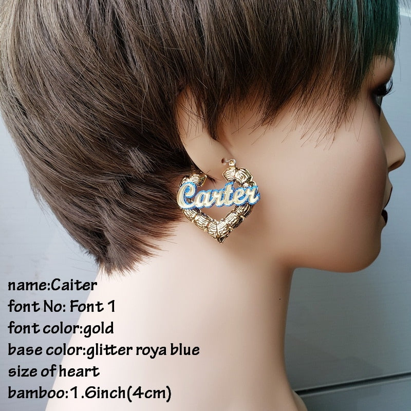 Customizable Customize name heart Bamboo Hoop Earrings For Women Jewelry  Statement custom plate Earrings Accessories Hot Sale