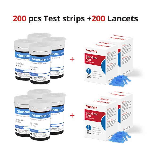 500/400/300/200/100/50PCS Sinocare Safe-Accu Tiras de prueba de glucosa en sangre y lancetas para probador de diabetes