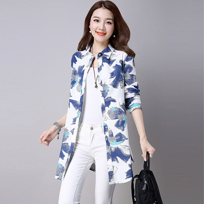 #2901 Chinese Style Cotton Linen Shirt Women White Long Sleeved Retro Floral Print Shirt Women Vintage Cotton Long Blouse Female