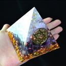 AURA REIKI Orgonite Pyramid Amethyst Sahasrara Chakra Jeremiel Natural White Crystal To Improve Mood Resin Pyramid Crafts C0146