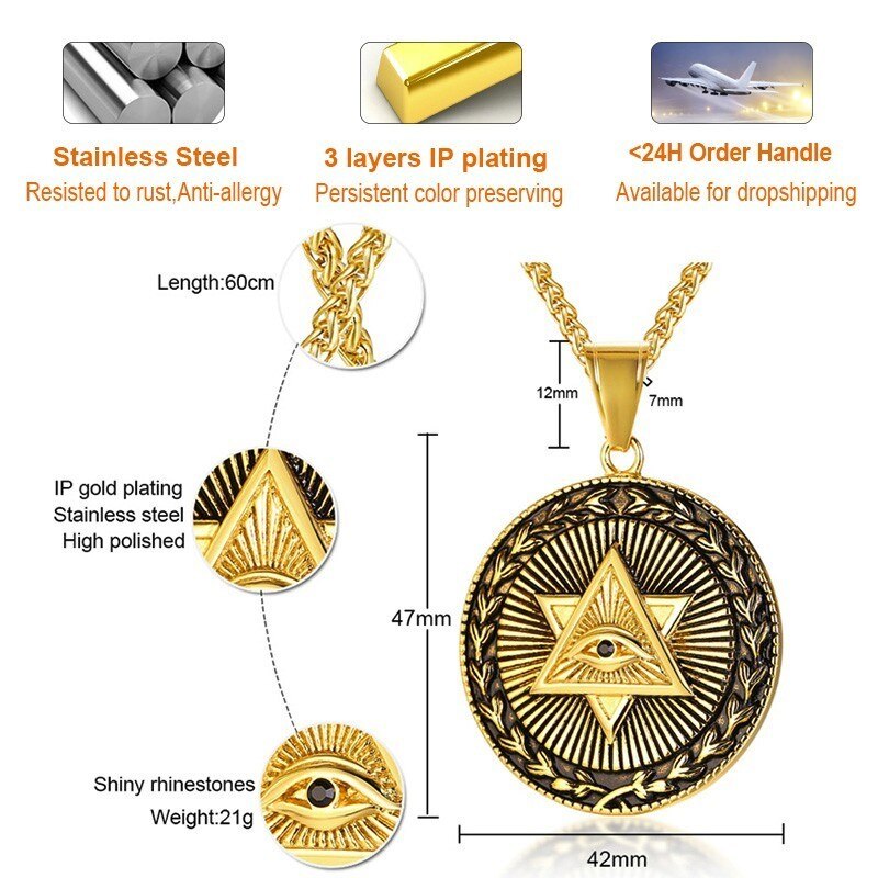 Vnox Antique Men Neckalces Triangle Eye of Providence Illuminati Pyramid All Seeing Eye Stainless Steel Pendants  Punk Jewelry
