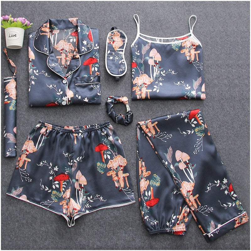 Conjunto de pijama de satén de seda para mujer de 7 piezas