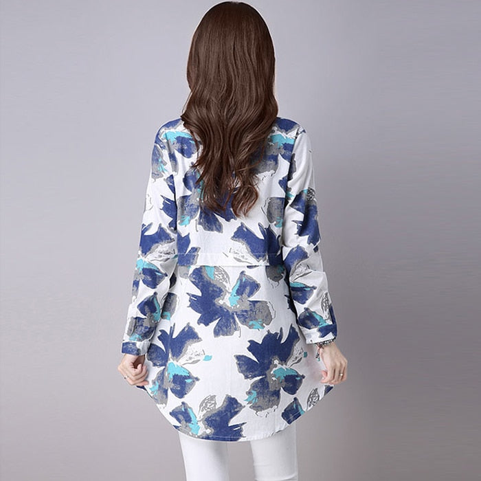 #2901 camisa de lino y algodón de estilo chino para mujer, camisa blanca de manga larga con estampado Floral Retro, blusa larga de algodón Vintage para mujer