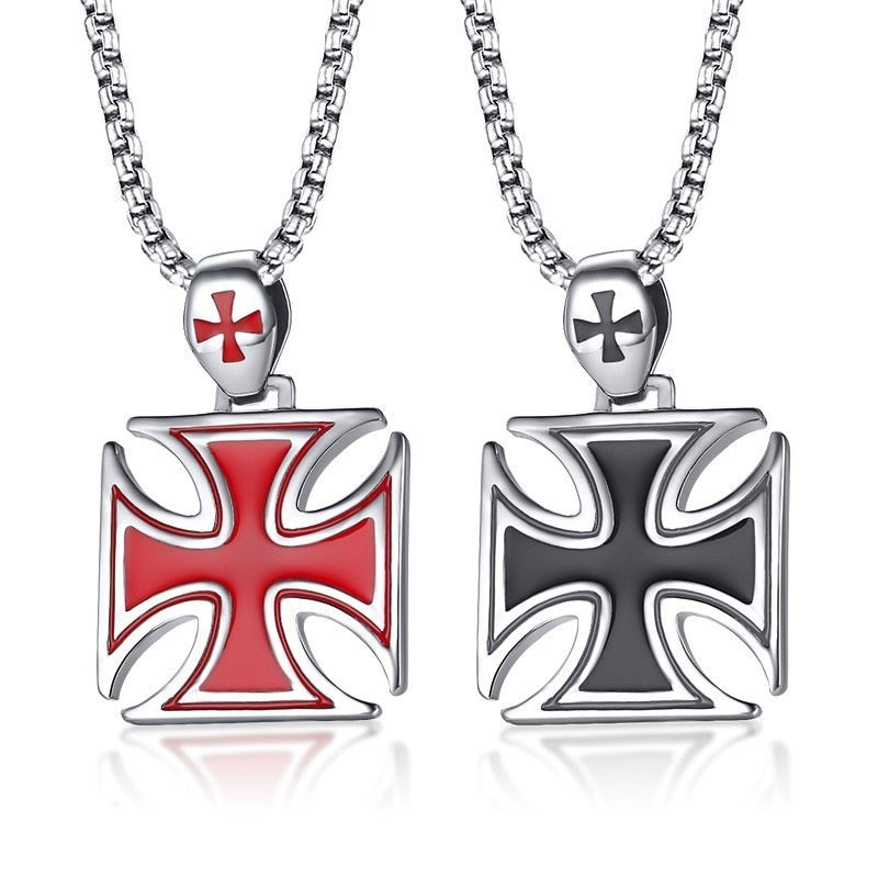 Men Necklace Red Iron Cross Knight Kinghts Templar Pendant Stainless Steel Crusader Male Jewelry