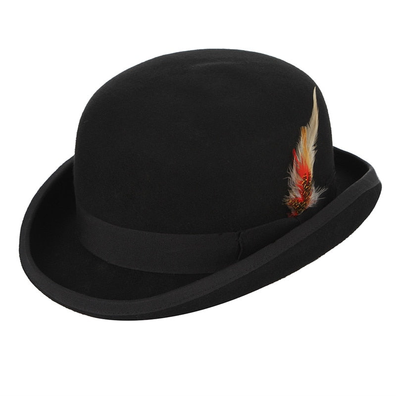 GEMVIE 4 Größen, 100 % Wollfilz, schwarzer Derby-Bowler-Hut für Männer und Frauen, Feder, Satin, Futter, lässig, formeller Fedora