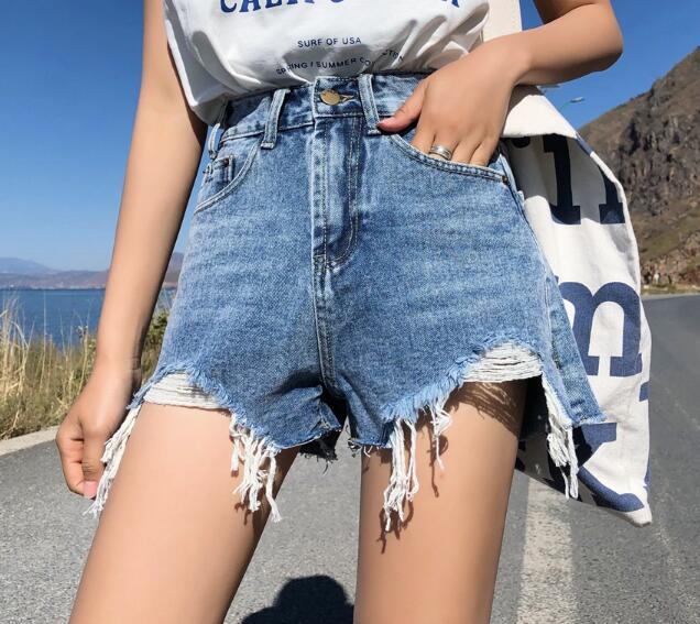 Streetwear Denim Shorts For Women 2022 Summer High Waist Ripped Cool Blue And Black Shorts With Tassel Pockets Mini Short Jeans