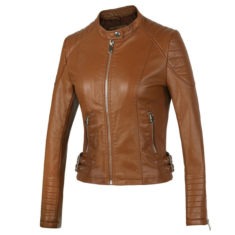 2021 Mode Damen Elegant Reißverschluss Kunstleder Bikerjacke in Braun Schwarz Schlank Damen Mantel Casual Marke Motorrad Ledermantel