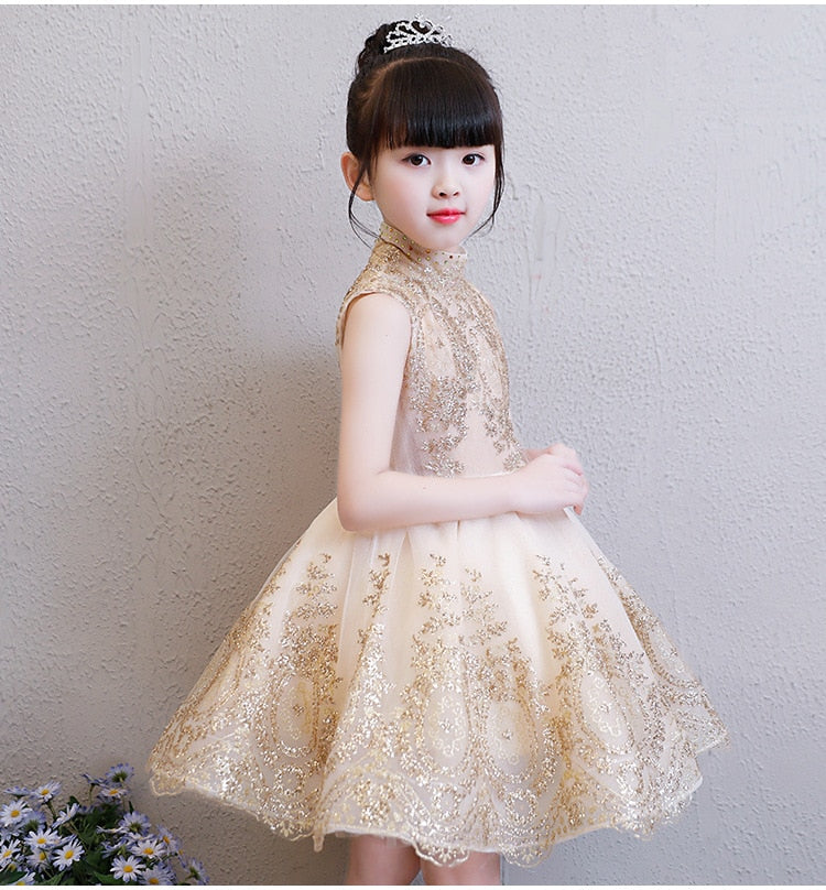 Elegant Golden Tulle Flower Girl Dress Party Kids Pageant Gown Princess Wedding Dress Sleeveless First Communion Dresses 1-14T