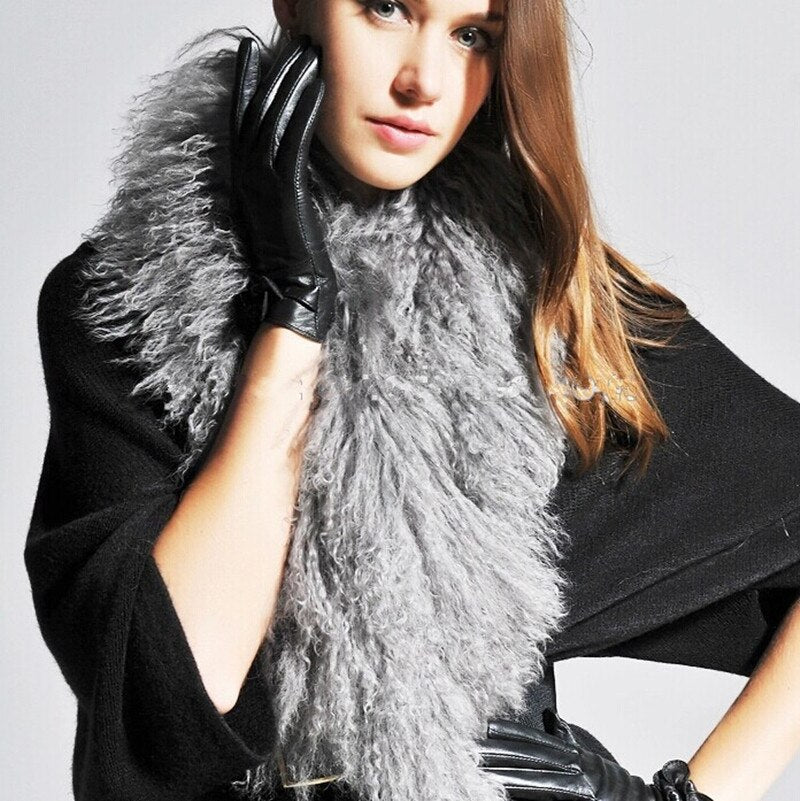160cm real mongolian fur scarf women winter fashion solid black gray genuine wool woolen fur collar female