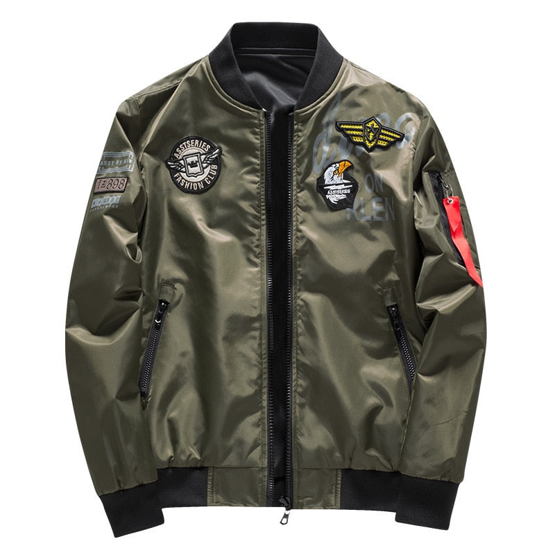 Male Bomber Jacket Men Army Military Pilot Jacket Badge Embroidery Baseball Jacket Double Sided Motorcycle Coat Big Size 5XL 6XL