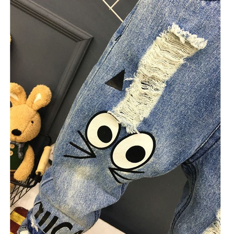 Neue Mädchen Jeans Frühling Herbst Kinder Hosen 1-7 Jahre Baby Jungen Mädchen Jeans Jungen Casual Loch Hosen Cartoon Katze Jeans Kinder Hosen