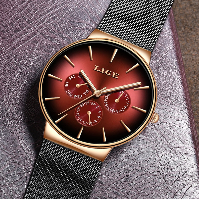 LIGE New Fashion Mens Watches Top Brand Luxury Quartz Watch Men Mesh Steel  Waterproof Ultra-thin Wristwatch For Men Sport Clock