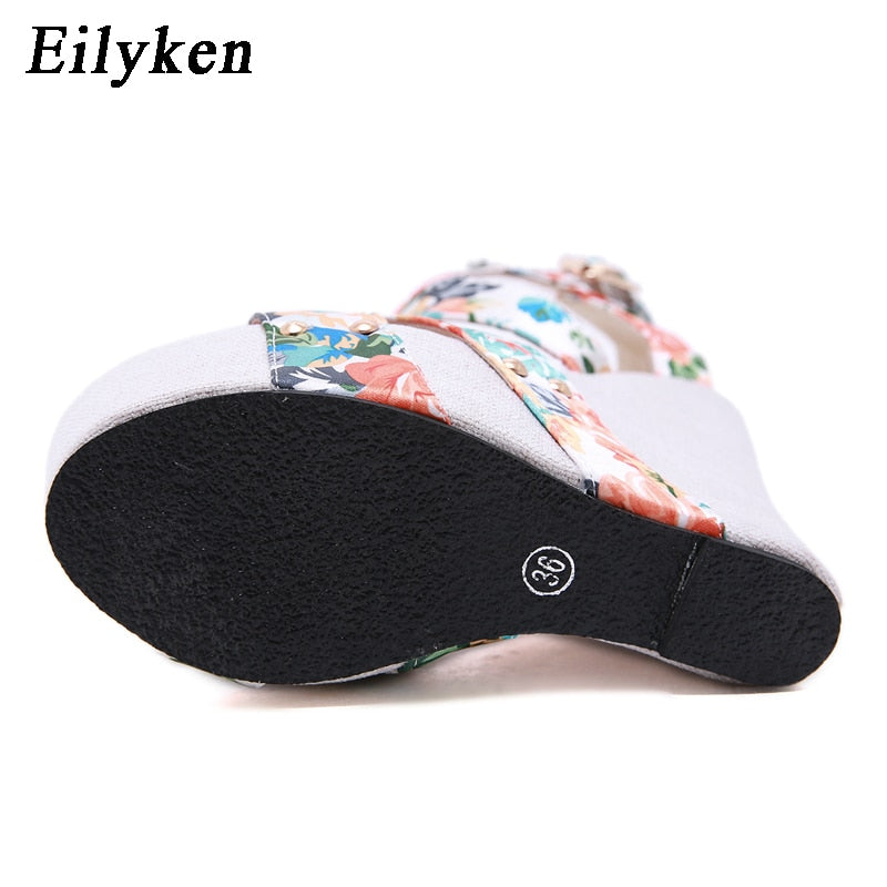 Eilyken Designer Hebilla Correa Plataforma Cuñas Sandalias de mujer Moda Seda Punta abierta Tacones altos Banquete Zapatos de fiesta