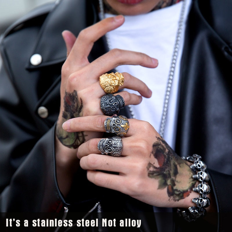 BEIER Stainless Steel Gothic gold Carving kapala skull  Ring Biker Hiphop rock Jewelry Unique fashion Gift for men BR8-327