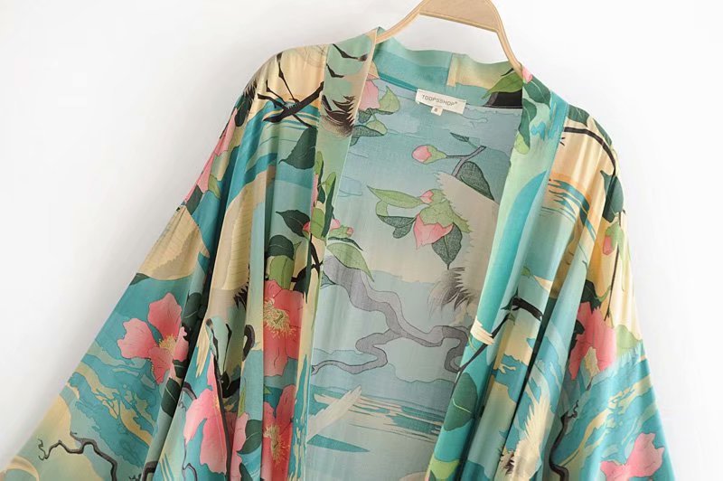 Green Vintage Night Garde Print Boho maxi Kimono Sleeve Cardigan bohemian long Wrap blouse Tops Beachwear Bikini Cover Swimwear