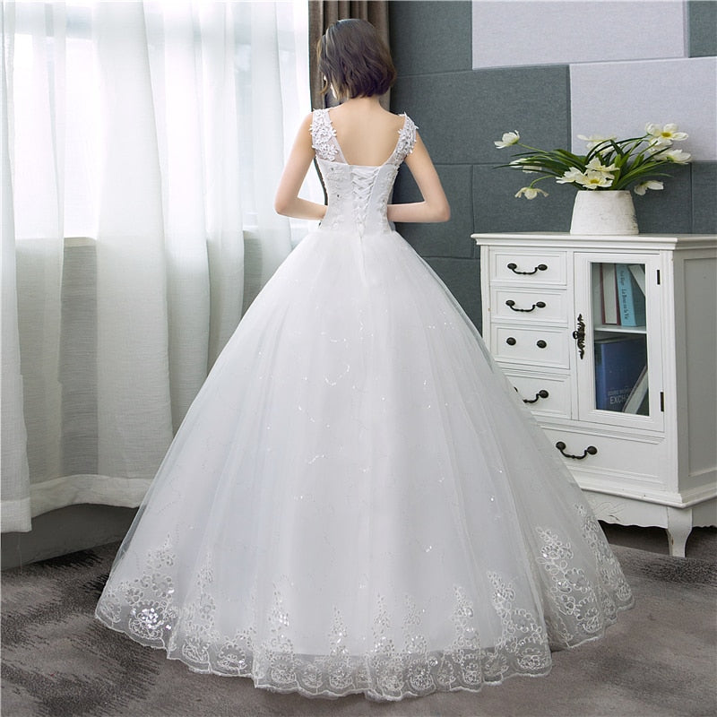 Cheap Korean Style V-Neck Lace Tank Sleeveless Floral Print Ball Gown Wedding Dress 2022 New Fashion Simple estidos de noivas CC