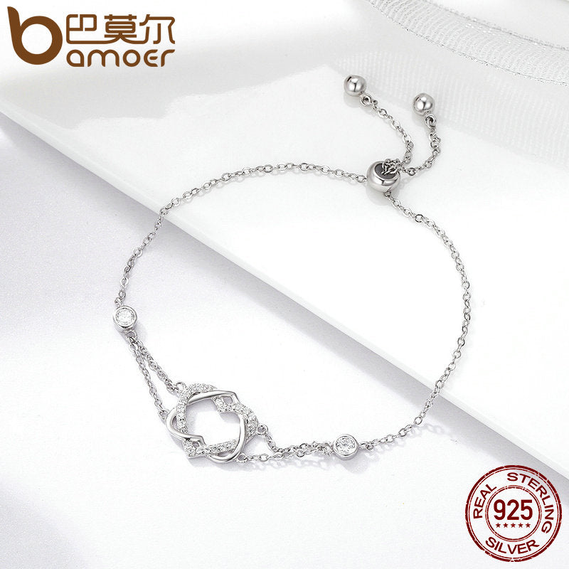 BAMOER Genuine 925 Sterling Silver Twisted Double Heart in Heart Chain Bracelets For Women Authentic Silver Jewelry Gift SCB022