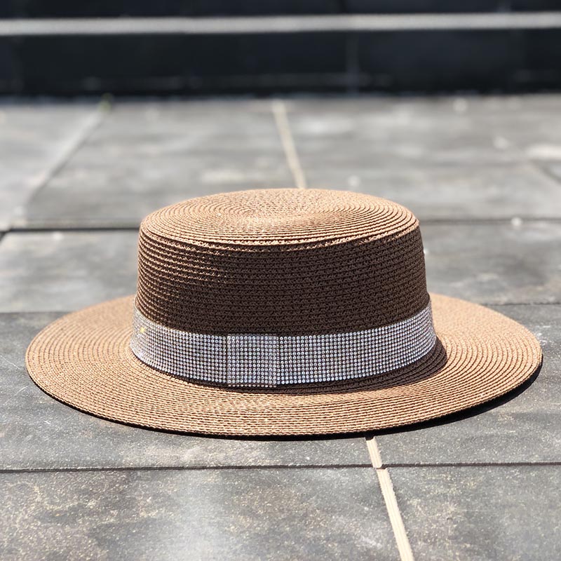 Spring Summer New Retro Gold Braided Flat Head Straw Hat Lady Wide Eaves Sunscreen Sun Hat Diamond Cap 2019 Hot