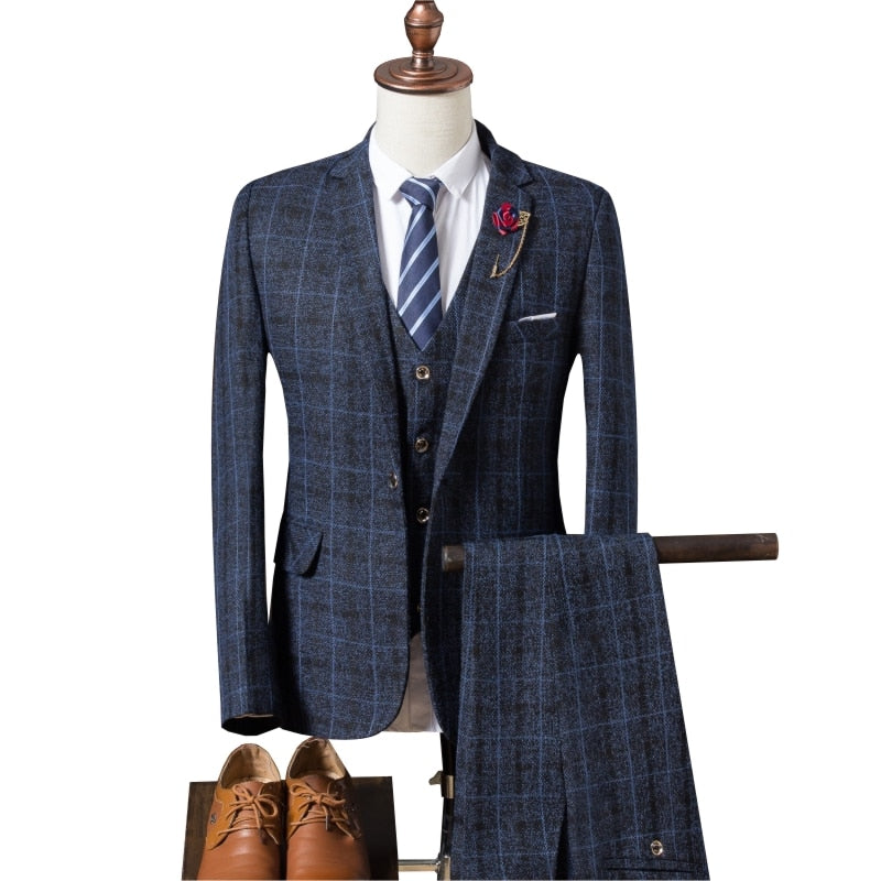 (Jacke + Weste + Hose) 2019 Slim Suit für Herren, High-End-Business-Plaid-Anzugjacke, Herren-Hochzeitsbankettkleid dreiteilig