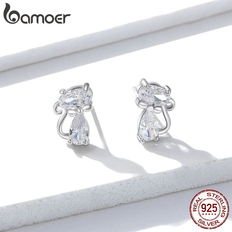 bamoer Cat Silver Stud Earrings Sterling Silver 925 Clear CZ Cute Animal Ohrringe Hypoallergenic Female Gift  Brincos BSE206