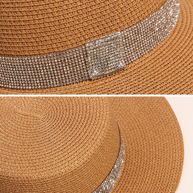 Spring Summer New Retro Gold Braided Flat Head Straw Hat Lady Wide Eaves Sunscreen Sun Hat Diamond Cap 2019 Hot