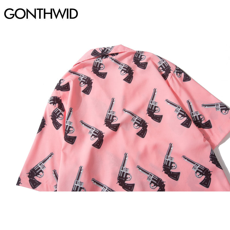 GONTHWID Pistol Gun Print Pink Beach Hawaiian Aloha Shirts 2022 Sommer Herren Casual Kurzarm Shirt Male Fashion Shirts Tops