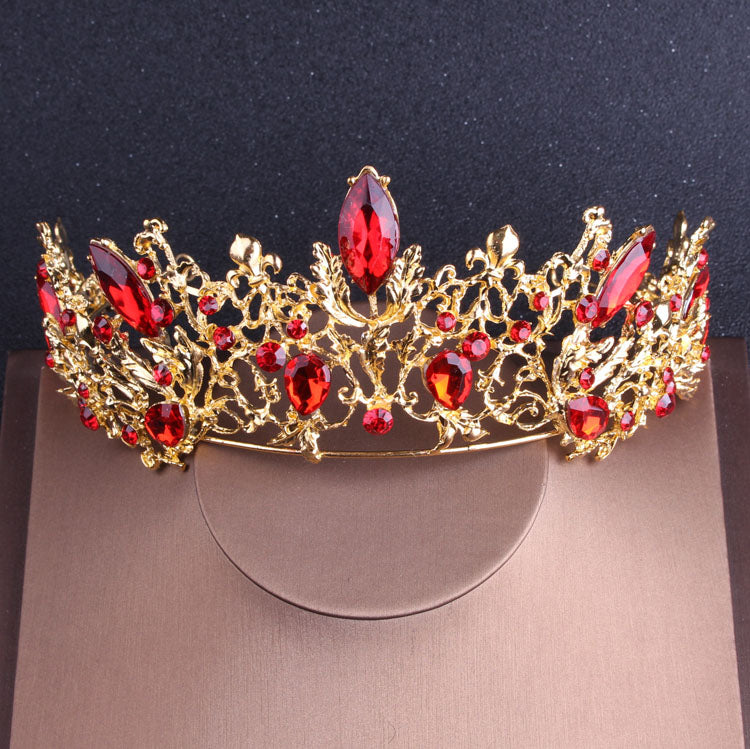 Barock Vintage Gold Farbe Rot Kristall Brautschmuck Sets Strass Diademe Krone Choker Halskette Ohrringe Hochzeit Zubehör