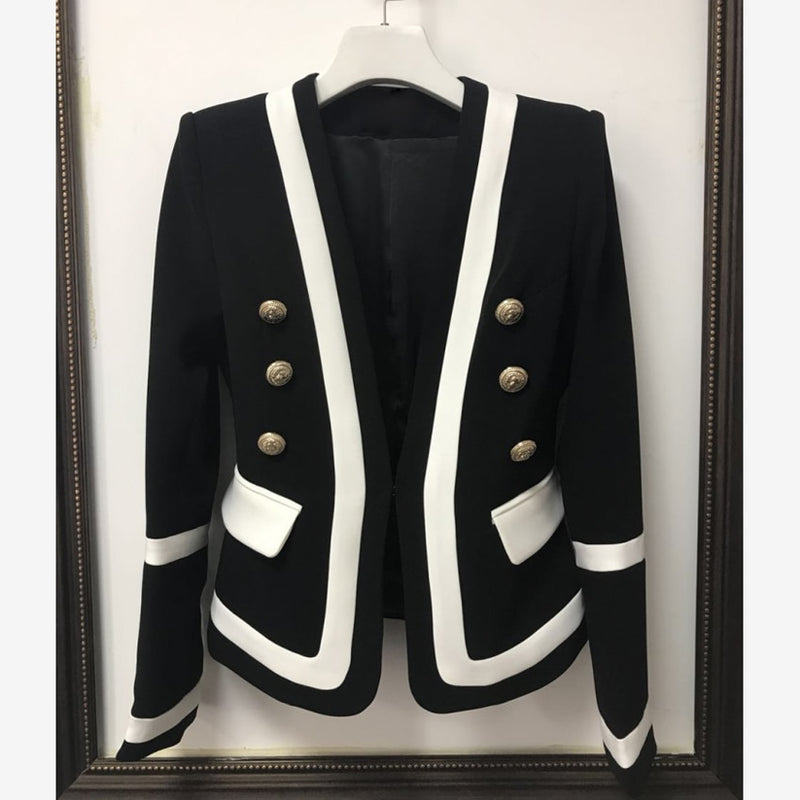 HIGH STREET New Fashion 2023 Designer Blazer Women's Classic Black White Color Block Metal Buttons Blazer Jacket Outer Wear