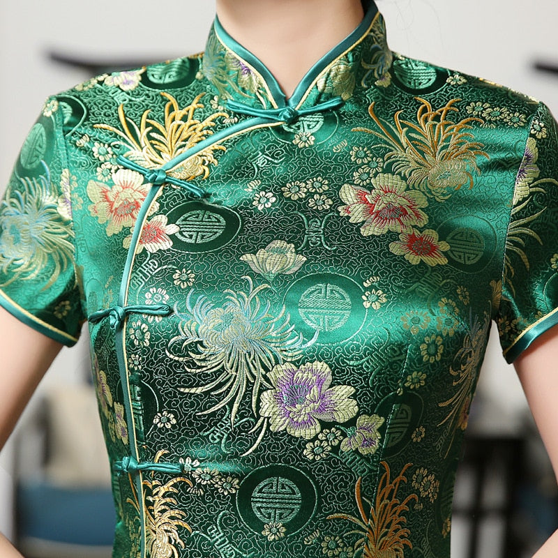 2021 New High Fashion Green Rayon Cheongsam Chinese Classic Women&