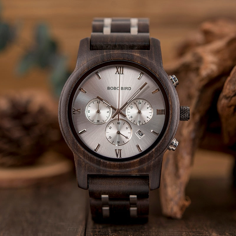 BOBO BIRD Wooden Men Watch Wooden Stainless Steel Date Quartz Chronograph Watches Luxury Men&