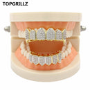 TOPGRILLZ Hip Hop GRILLZ Iced Out AAA Zircon Fang Mouth Teeth Grillz Caps Top &amp; Bottom Grill Set Men Women Vampire Grills