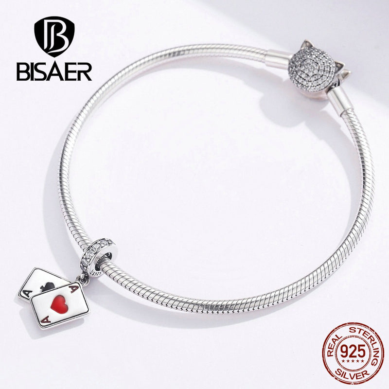 BISAER Poker Love Pendant 925 Sterling Silver Ace In Poker Love Charms Beads Fit For Bracelets Necklaces DIY Jewelry ECC1172