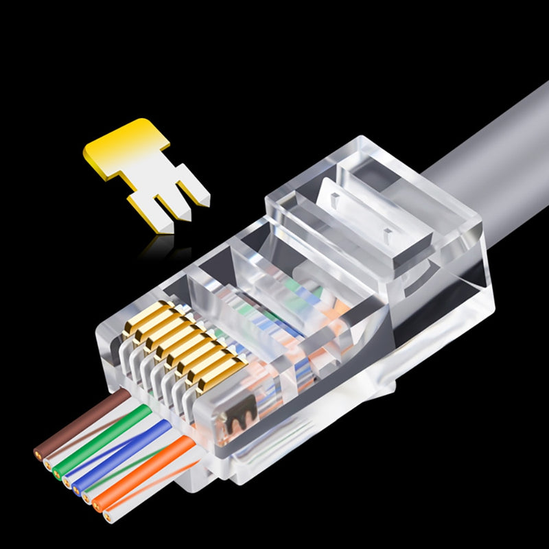 OULLX 20/50/100 Uds conector RJ45 6U chapado en oro paso a través de Cables Ethernet módulo enchufe red RJ-45 cabezas de cristal Cat5 Cat5e