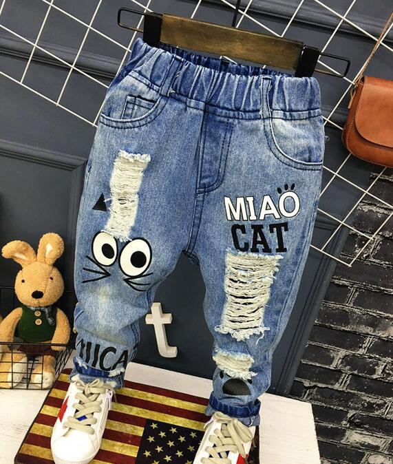 New Girls Jeans Spring Autumn Children Trousers 1-7Yrs Baby Boys Girls Jeans Boys Casual Hole Pants Cartoon Cat Jeans Kids Pants