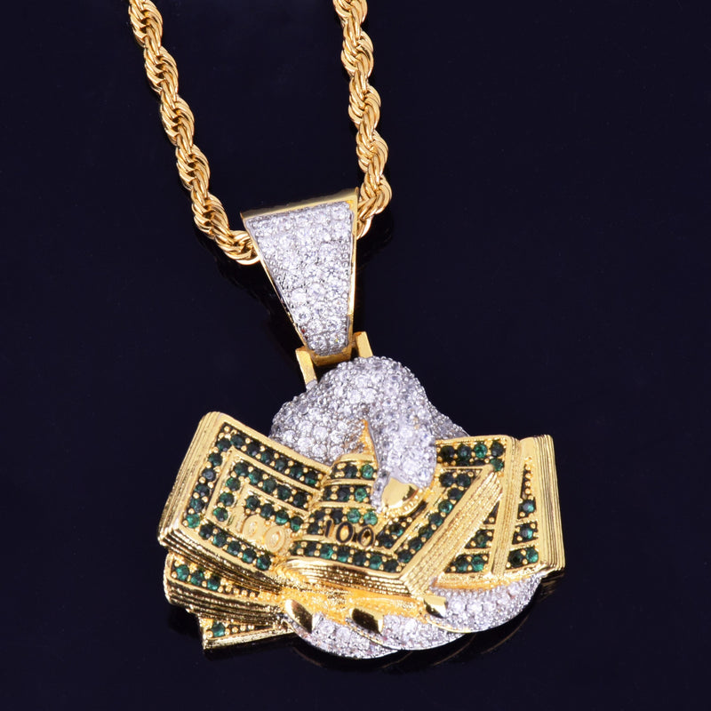 Hand Money Dollar Necklace &amp; Pendant  Gold Color AAA Cubic Zircon Hip Hop Rock Jewelry