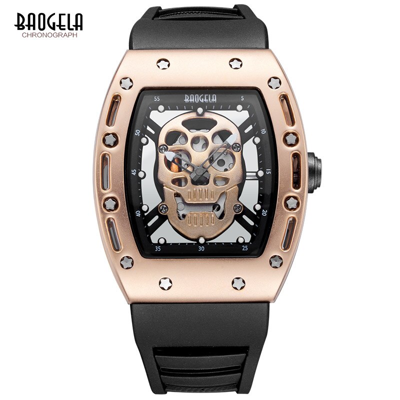 Baogela Fashion Mens Skeleton Skull Luminous Quartz Watches Military Style Black Silicone Rectangle Dial Wristwatch for Man1612