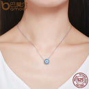BAMOER Popular 925 plata esterlina redonda azul cristal Lucky Blue Eyes mujeres colgante collares auténtica joyería de plata SCN099