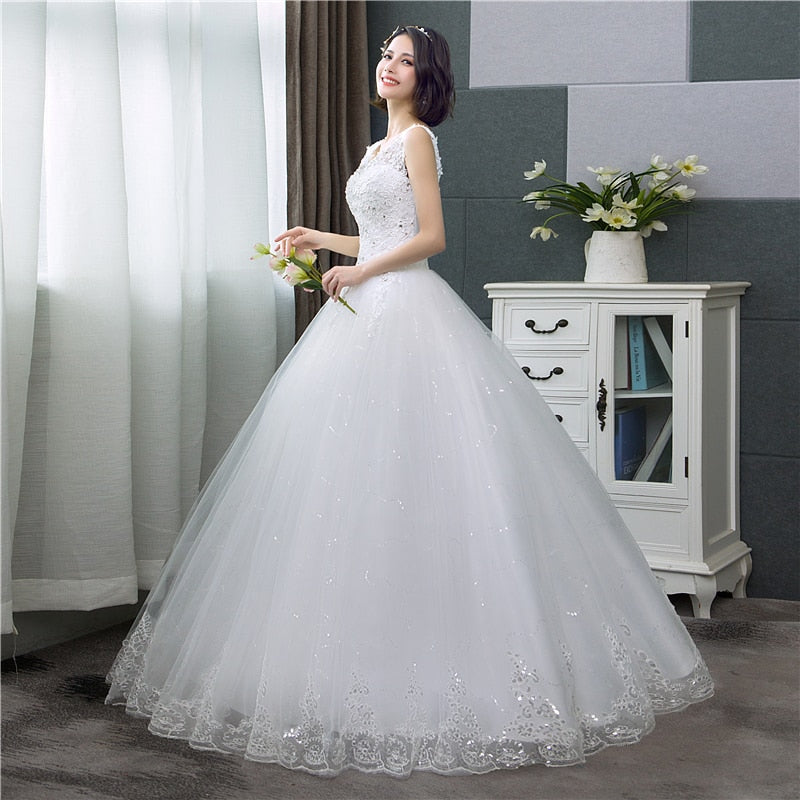 Cheap Korean Style V-Neck Lace Tank Sleeveless Floral Print Ball Gown Wedding Dress 2022 New Fashion Simple estidos de noivas CC