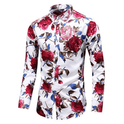 2022 Autumn Men Slim Floral Print Long Sleeve Shirts Fashion Brand Party Holiday Casual Dress Flower Shirt Homme Plus Size 7XL