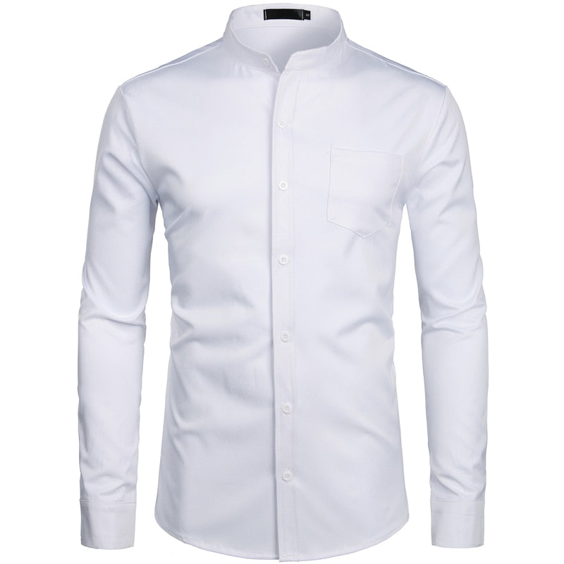 Camisas de vestir azul real para hombre, camisa de cuello mandarín con bandas de marca 2022, camisa informal de manga larga con botones y bolsillo 2XL para hombre